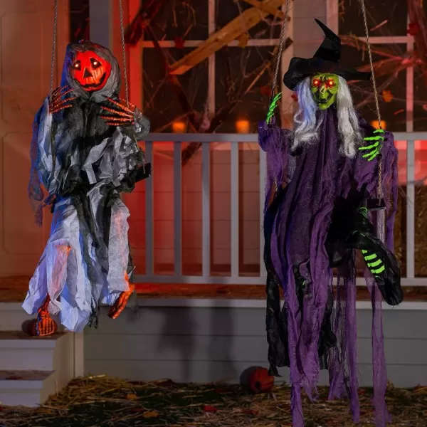JOYIN Outdoor Halloween Decorations 2 Packs Hanging Ghosts Halloween Decor with Lighted Up Eyes 3ft Scary Grim Reaper Halloween Swinging Skeleton Flying Ghosts for Yard Patio Lawn Garden DcorPumpkin  Witch Ghost