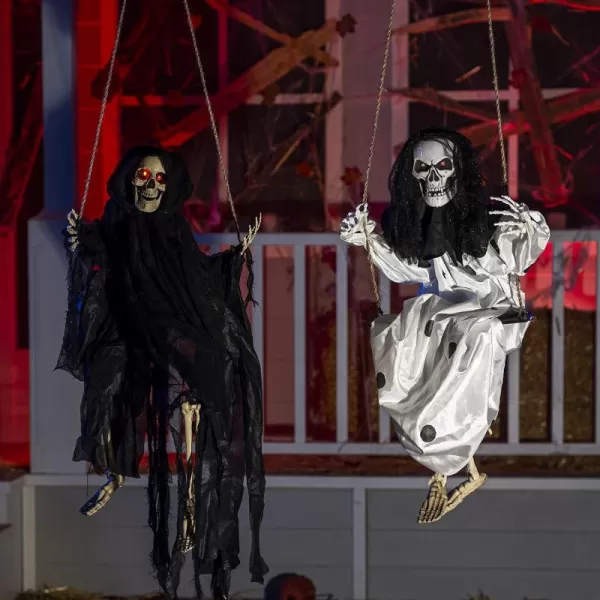 JOYIN Outdoor Halloween Decorations 2 Packs Hanging Ghosts Halloween Decor with Lighted Up Eyes 3ft Scary Grim Reaper Halloween Swinging Skeleton Flying Ghosts for Yard Patio Lawn Garden DcorBlack  White Skeleton
