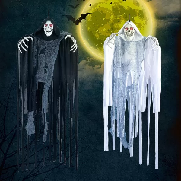 JOYIN 236 2 Pack Halloween Hanging Grim Reapers Decorations Outdoor Halloween Hanging Ghosts with LED Eyes Creepy Sounds and Shaking Motion for Halloween Indoor Outdoor Yard Holiday Decor