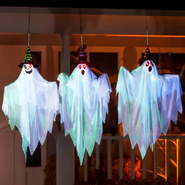 JOYIN 3 Pcs 28 Halloween Decorations Outdoor Light Up Hanging Ghost Halloween Ghost Decor with Witch Hats and Spooky Red Eyes for Halloween Tree Yard Lawn Patio Decorations Party Dcor
