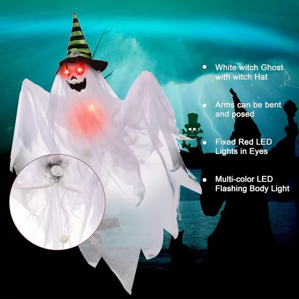 JOYIN 3 Pcs 28 Halloween Decorations Outdoor Light Up Hanging Ghost Halloween Ghost Decor with Witch Hats and Spooky Red Eyes for Halloween Tree Yard Lawn Patio Decorations Party Dcor
