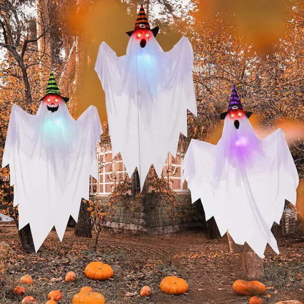 JOYIN 3 Pcs 28 Halloween Decorations Outdoor Light Up Hanging Ghost Halloween Ghost Decor with Witch Hats and Spooky Red Eyes for Halloween Tree Yard Lawn Patio Decorations Party Dcor