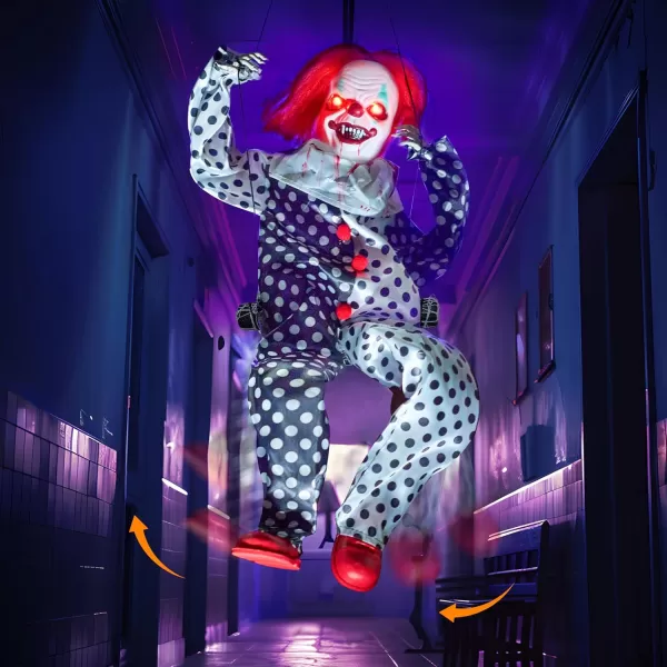 JOYIN 31quot Animatronic Halloween Decorations Hanging Clown Sound Activated Hanging Ghost with Light Up Eyes Scary Sound and Moving Body Halloween Party Supplies for Props Lawn Yard PatioClown