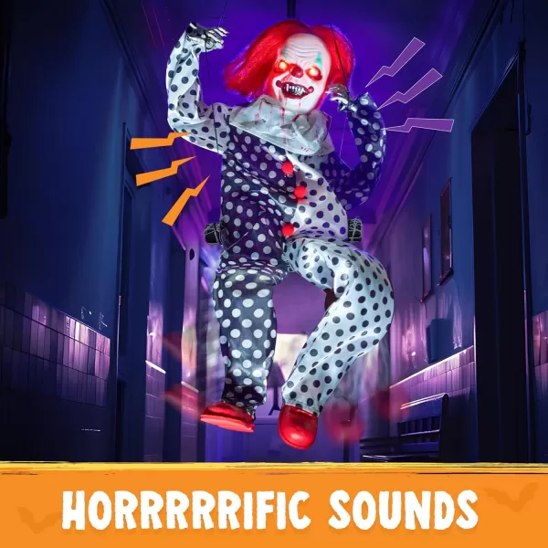 JOYIN 31quot Animatronic Halloween Decorations Hanging Clown Sound Activated Hanging Ghost with Light Up Eyes Scary Sound and Moving Body Halloween Party Supplies for Props Lawn Yard PatioClown