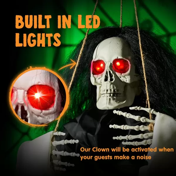 JOYIN 31quot Animatronic Halloween Decorations Hanging Clown Sound Activated Hanging Ghost with Light Up Eyes Scary Sound and Moving Body Halloween Party Supplies for Props Lawn Yard PatioSkeleton