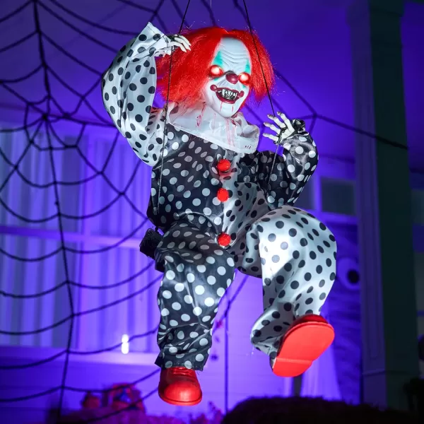 JOYIN 31quot Animatronic Halloween Decorations Hanging Clown Sound Activated Hanging Ghost with Light Up Eyes Scary Sound and Moving Body Halloween Party Supplies for Props Lawn Yard PatioClown