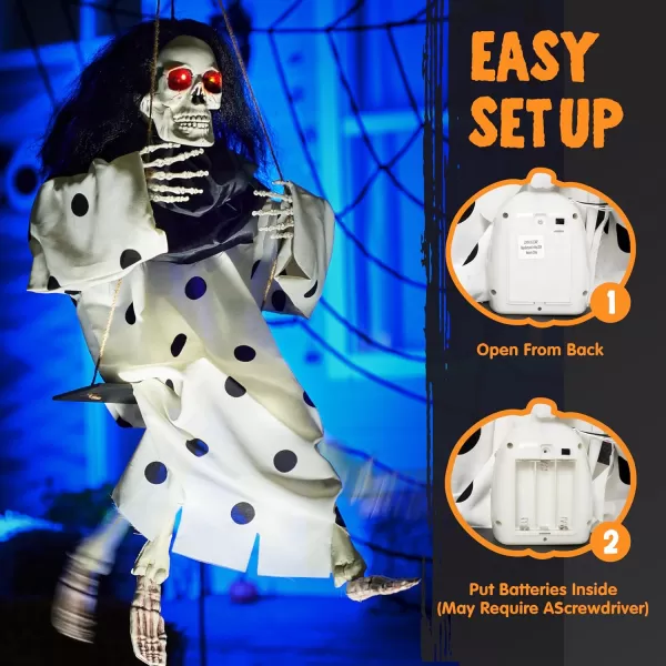 JOYIN 31quot Animatronic Halloween Decorations Hanging Clown Sound Activated Hanging Ghost with Light Up Eyes Scary Sound and Moving Body Halloween Party Supplies for Props Lawn Yard PatioSkeleton