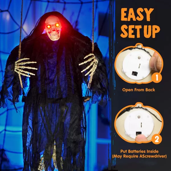 JOYIN 36quot Hanging Grim Reaper Outdoor Halloween Decoration Button Battery Operated Skeleton Halloween Decor with Light Up Eyes for Halloween Decorations Clearance Haunted House Prop Party SuppliesGrim Reaper