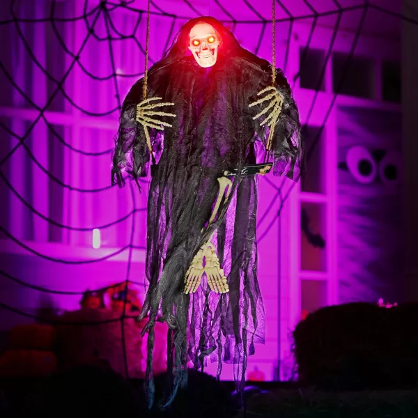 JOYIN 36quot Hanging Grim Reaper Outdoor Halloween Decoration Button Battery Operated Skeleton Halloween Decor with Light Up Eyes for Halloween Decorations Clearance Haunted House Prop Party SuppliesGrim Reaper