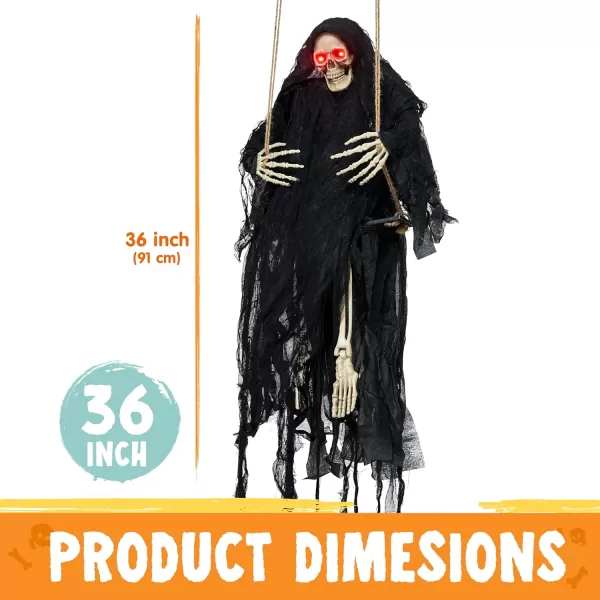 JOYIN 36quot Hanging Grim Reaper Outdoor Halloween Decoration Button Battery Operated Skeleton Halloween Decor with Light Up Eyes for Halloween Decorations Clearance Haunted House Prop Party SuppliesGrim Reaper