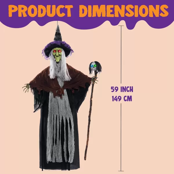 JOYIN 59 Talking Witch Decor Halloween Decorations Outdoor Light Up Skull Skeleton Wand Hanging Witch Front Porch Door Haunted House Party Supplies Sound Activated