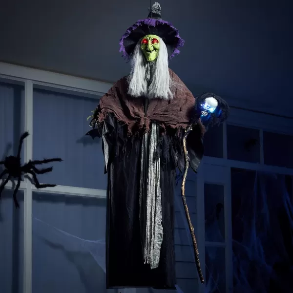 JOYIN 59 Talking Witch Decor Halloween Decorations Outdoor Light Up Skull Skeleton Wand Hanging Witch Front Porch Door Haunted House Party Supplies Sound Activated