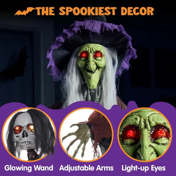 JOYIN 59 Talking Witch Decor Halloween Decorations Outdoor Light Up Skull Skeleton Wand Hanging Witch Front Porch Door Haunted House Party Supplies Sound Activated