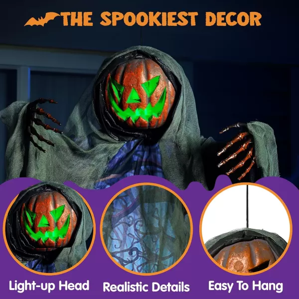 JOYIN 708 Halloween Hanging Ghost Decorations Outdoor Halloween Skeleton Hanging Pumpkin Scarecrow Ghost with Lightup Green Eyes and Creepy Sound Halloween Ghost Decor for Yard Porch Decor