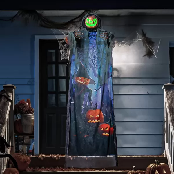 JOYIN 708 Halloween Hanging Ghost Decorations Outdoor Halloween Skeleton Hanging Pumpkin Scarecrow Ghost with Lightup Green Eyes and Creepy Sound Halloween Ghost Decor for Yard Porch Decor