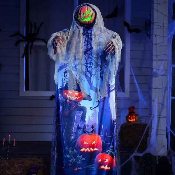 JOYIN 708 Halloween Hanging Ghost Decorations Outdoor Halloween Skeleton Hanging Pumpkin Scarecrow Ghost with Lightup Green Eyes and Creepy Sound Halloween Ghost Decor for Yard Porch Decor