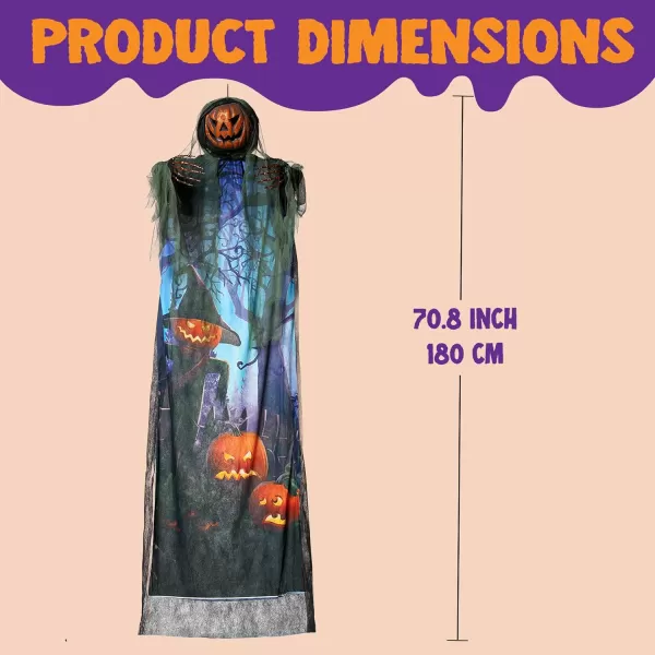 JOYIN 708 Halloween Hanging Ghost Decorations Outdoor Halloween Skeleton Hanging Pumpkin Scarecrow Ghost with Lightup Green Eyes and Creepy Sound Halloween Ghost Decor for Yard Porch Decor