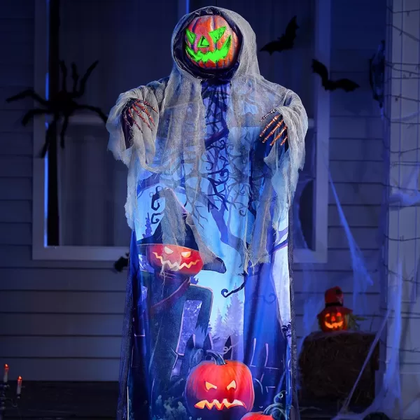 JOYIN 708 Halloween Hanging Ghost Decorations Outdoor Halloween Skeleton Hanging Pumpkin Scarecrow Ghost with Lightup Green Eyes and Creepy Sound Halloween Ghost Decor for Yard Porch Decor