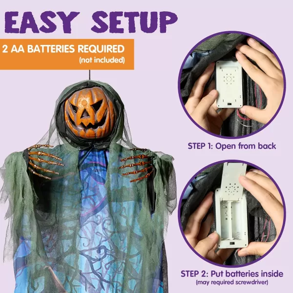 JOYIN 708 Halloween Hanging Ghost Decorations Outdoor Halloween Skeleton Hanging Pumpkin Scarecrow Ghost with Lightup Green Eyes and Creepy Sound Halloween Ghost Decor for Yard Porch Decor