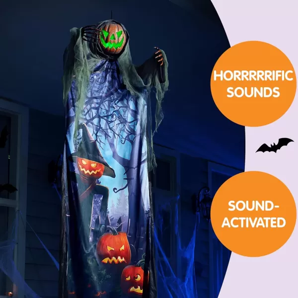 JOYIN 708 Halloween Hanging Ghost Decorations Outdoor Halloween Skeleton Hanging Pumpkin Scarecrow Ghost with Lightup Green Eyes and Creepy Sound Halloween Ghost Decor for Yard Porch Decor