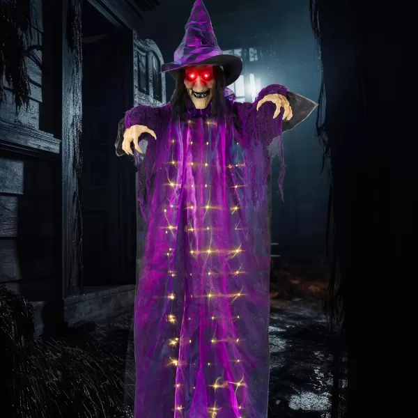 JOYIN 72 Hanging Flying Witch Decor Halloween Decorations Outdoor Decor Talking Witch Halloween Front Porch Decor Haunted House Sound Activated Light Up Eyes Purple Ragged Robe