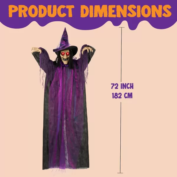 JOYIN 72 Hanging Flying Witch Decor Halloween Decorations Outdoor Decor Talking Witch Halloween Front Porch Decor Haunted House Sound Activated Light Up Eyes Purple Ragged Robe