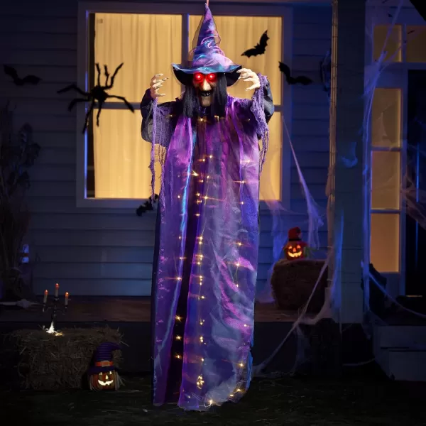 JOYIN 72 Hanging Flying Witch Decor Halloween Decorations Outdoor Decor Talking Witch Halloween Front Porch Decor Haunted House Sound Activated Light Up Eyes Purple Ragged Robe