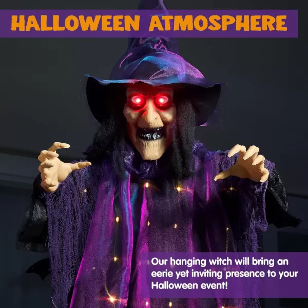 JOYIN 72 Hanging Flying Witch Decor Halloween Decorations Outdoor Decor Talking Witch Halloween Front Porch Decor Haunted House Sound Activated Light Up Eyes Purple Ragged Robe