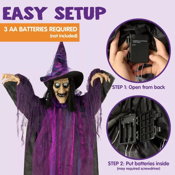 JOYIN 72 Hanging Flying Witch Decor Halloween Decorations Outdoor Decor Talking Witch Halloween Front Porch Decor Haunted House Sound Activated Light Up Eyes Purple Ragged Robe