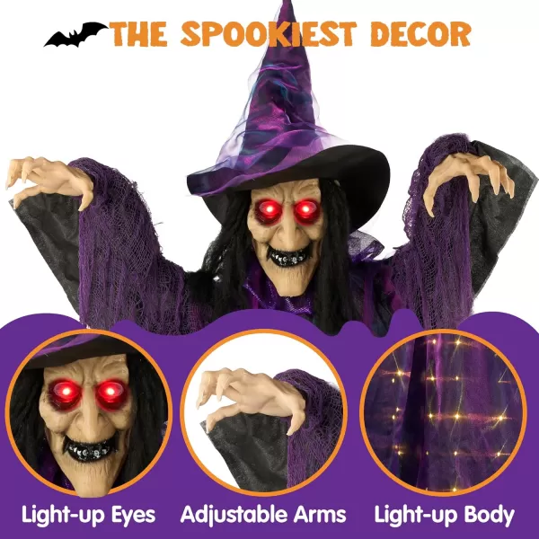 JOYIN 72 Hanging Flying Witch Decor Halloween Decorations Outdoor Decor Talking Witch Halloween Front Porch Decor Haunted House Sound Activated Light Up Eyes Purple Ragged Robe