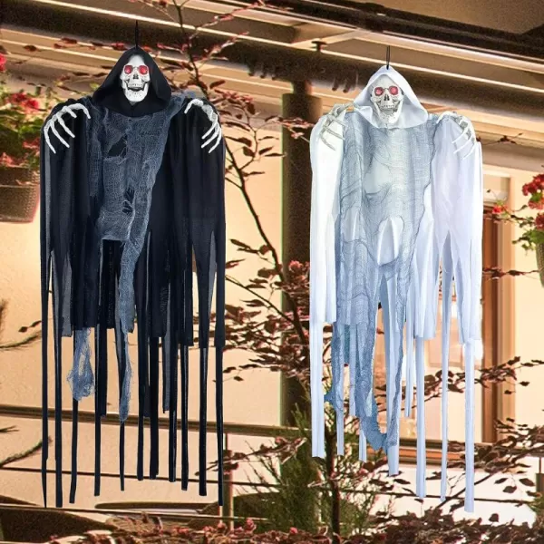 JOYIN 236 2 Pack Halloween Hanging Grim Reapers Decorations Outdoor Halloween Hanging Ghosts with LED Eyes Creepy Sounds and Shaking Motion for Halloween Indoor Outdoor Yard Holiday Decor