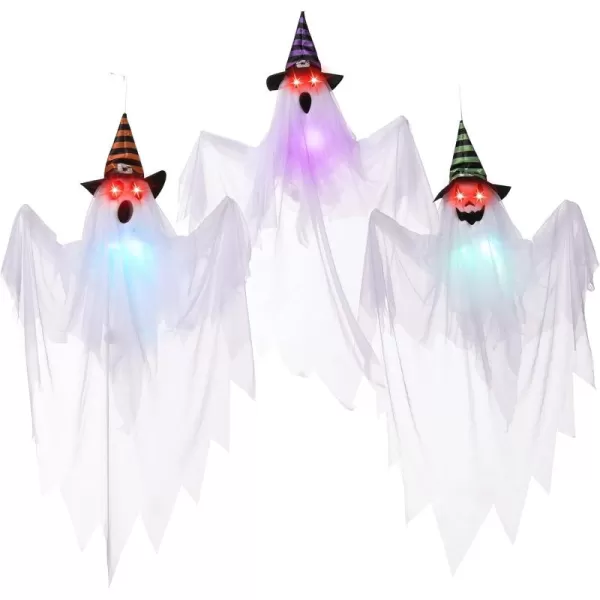 JOYIN 3 Pcs 28 Halloween Decorations Outdoor Light Up Hanging Ghost Halloween Ghost Decor with Witch Hats and Spooky Red Eyes for Halloween Tree Yard Lawn Patio Decorations Party Dcor