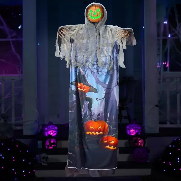 JOYIN 708 Halloween Hanging Ghost Decorations Outdoor Halloween Skeleton Hanging Pumpkin Scarecrow Ghost with Lightup Green Eyes and Creepy Sound Halloween Ghost Decor for Yard Porch Decor