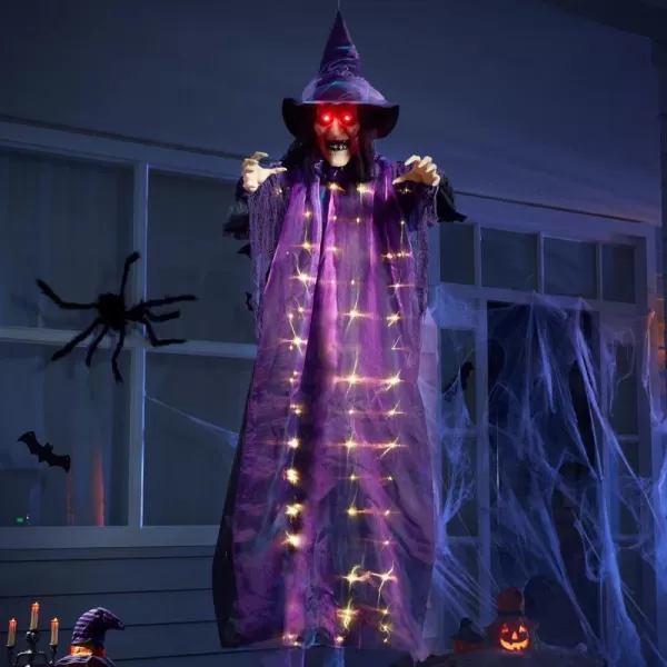 JOYIN 72 Hanging Flying Witch Decor Halloween Decorations Outdoor Decor Talking Witch Halloween Front Porch Decor Haunted House Sound Activated Light Up Eyes Purple Ragged Robe