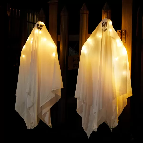 JOYIN 2 PCS Halloween Decorations Outdoor Lights Hanging Ghost With Blue LED Lights 354quot Halloween Light Up Decor Hanging Flying Ghost for Halloween Outdoor Yard Tree Porch Haunted House DecorationYellow Ghosts