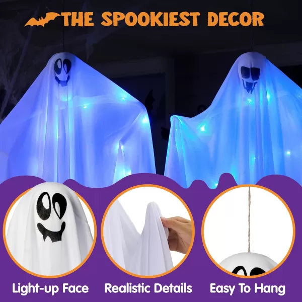 JOYIN 2 PCS Halloween Decorations Outdoor Lights Hanging Ghost With Blue LED Lights 354quot Halloween Light Up Decor Hanging Flying Ghost for Halloween Outdoor Yard Tree Porch Haunted House DecorationBlue Ghosts
