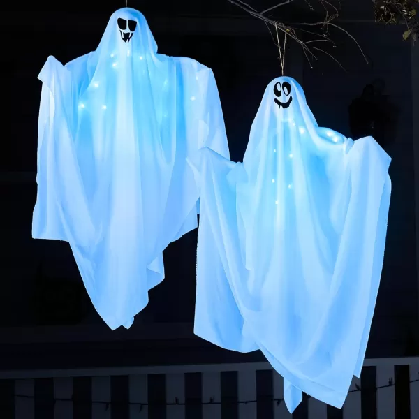 JOYIN 2 PCS Halloween Decorations Outdoor Lights Hanging Ghost With Blue LED Lights 354quot Halloween Light Up Decor Hanging Flying Ghost for Halloween Outdoor Yard Tree Porch Haunted House DecorationBlue Ghosts