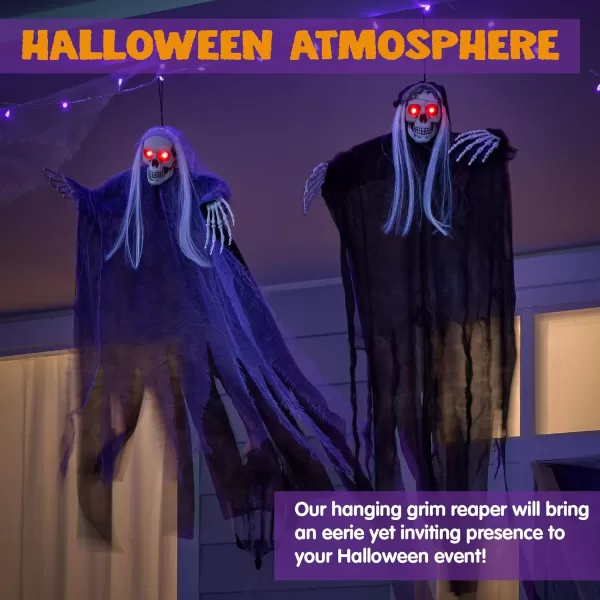 JOYIN 2 Pcs Halloween Hanging Grim Reaper Decorations Outdoor 37 Hanging Skeleton with Lightup Red Eyes for Halloween Indoor Outside Decoration Haunted House Prop Tree Garden Patio Decor