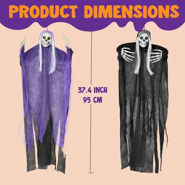JOYIN 2 Pcs Halloween Hanging Grim Reaper Decorations Outdoor 37 Hanging Skeleton with Lightup Red Eyes for Halloween Indoor Outside Decoration Haunted House Prop Tree Garden Patio Decor
