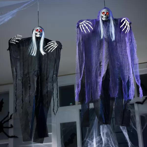 JOYIN 2 Pcs Halloween Hanging Grim Reaper Decorations Outdoor 37 Hanging Skeleton with Lightup Red Eyes for Halloween Indoor Outside Decoration Haunted House Prop Tree Garden Patio Decor