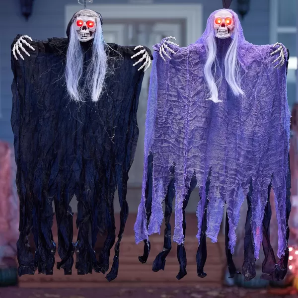 JOYIN 2 Pcs Halloween Hanging Grim Reaper Decorations Outdoor 37 Hanging Skeleton with Lightup Red Eyes for Halloween Indoor Outside Decoration Haunted House Prop Tree Garden Patio Decor