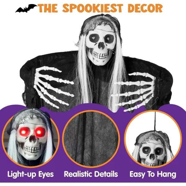 JOYIN 2 Pcs Halloween Hanging Grim Reaper Decorations Outdoor 37 Hanging Skeleton with Lightup Red Eyes for Halloween Indoor Outside Decoration Haunted House Prop Tree Garden Patio Decor