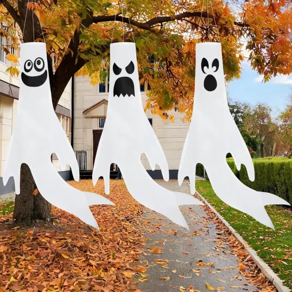 JOYIN 3 Pcs Ghost Windsocks Halloween Decorations Outdoor Decor White Hanging Windsock Haunted House Front Porch Tree Party Supplies Garden Yard Lawn Patio