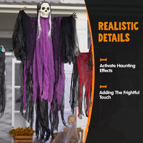 JOYIN 3 Pcs Halloween Decorations Outdoor Hanging Grim Reaper Halloween Skeleton Ghosts Purple 53 Red and Green 315quot Graveyard Decor for Yard Patio Prop Lawn Garden Party Supplies Dcor