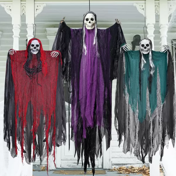 JOYIN 3 Pcs Halloween Decorations Outdoor Hanging Grim Reaper Halloween Skeleton Ghosts Purple 53 Red and Green 315quot Graveyard Decor for Yard Patio Prop Lawn Garden Party Supplies Dcor