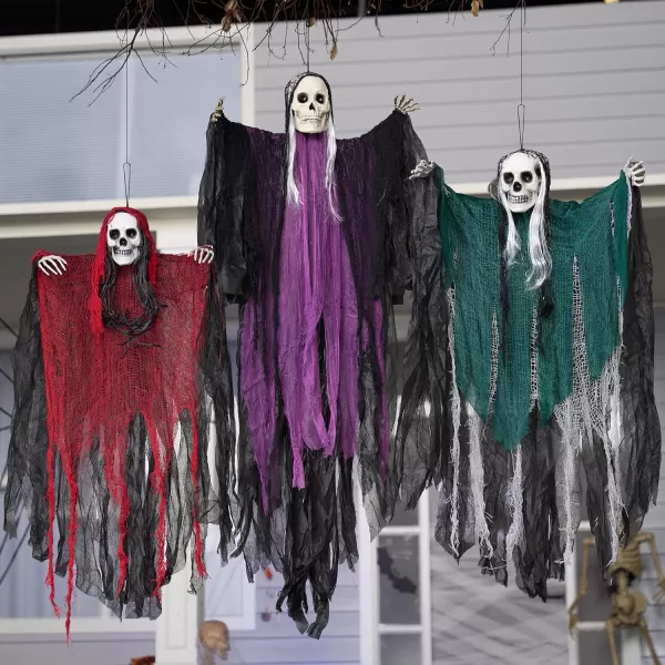 JOYIN 3 Pcs Halloween Decorations Outdoor Hanging Grim Reaper Halloween Skeleton Ghosts Purple 53 Red and Green 315quot Graveyard Decor for Yard Patio Prop Lawn Garden Party Supplies Dcor