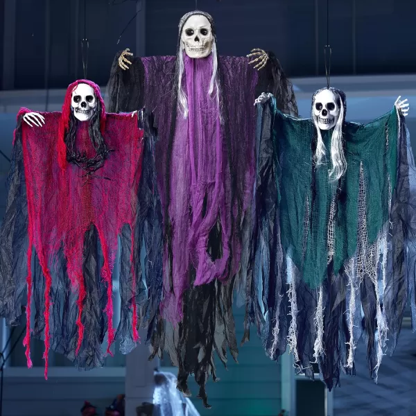 JOYIN 3 Pcs Halloween Decorations Outdoor Hanging Grim Reaper Halloween Skeleton Ghosts Purple 53 Red and Green 315quot Graveyard Decor for Yard Patio Prop Lawn Garden Party Supplies Dcor