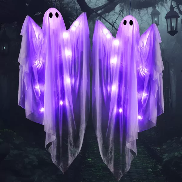 JOYIN 355 Halloween Hanging Light up Ghost with Purple LED Light 2 Pcs White Hanging Ghosts Decoration Halloween Hanging Ghost for Haunted House Prop Party Supplies Front Yard Patio Garden DecorPurple Ghosts