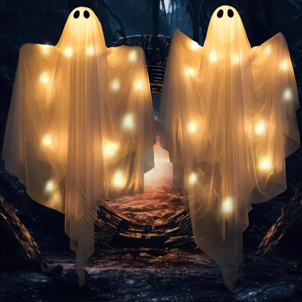 JOYIN 355 Halloween Hanging Light up Ghost with Purple LED Light 2 Pcs White Hanging Ghosts Decoration Halloween Hanging Ghost for Haunted House Prop Party Supplies Front Yard Patio Garden DecorWarm White Ghosts