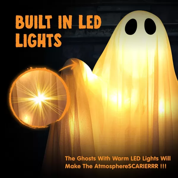 JOYIN 355 Halloween Hanging Light up Ghost with Purple LED Light 2 Pcs White Hanging Ghosts Decoration Halloween Hanging Ghost for Haunted House Prop Party Supplies Front Yard Patio Garden DecorWarm White Ghosts